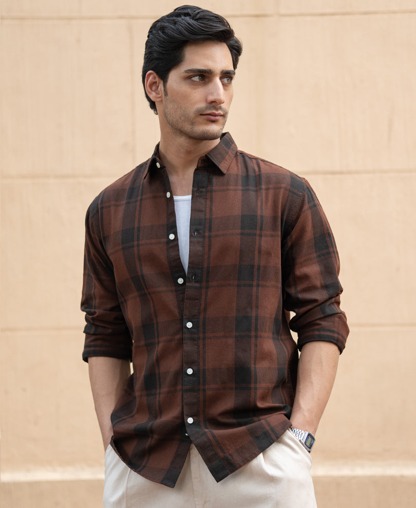Dark Brown Structured Checked Shirt.