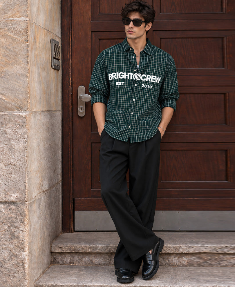 Pine Green Printed Checks Shirt 100% Cotton