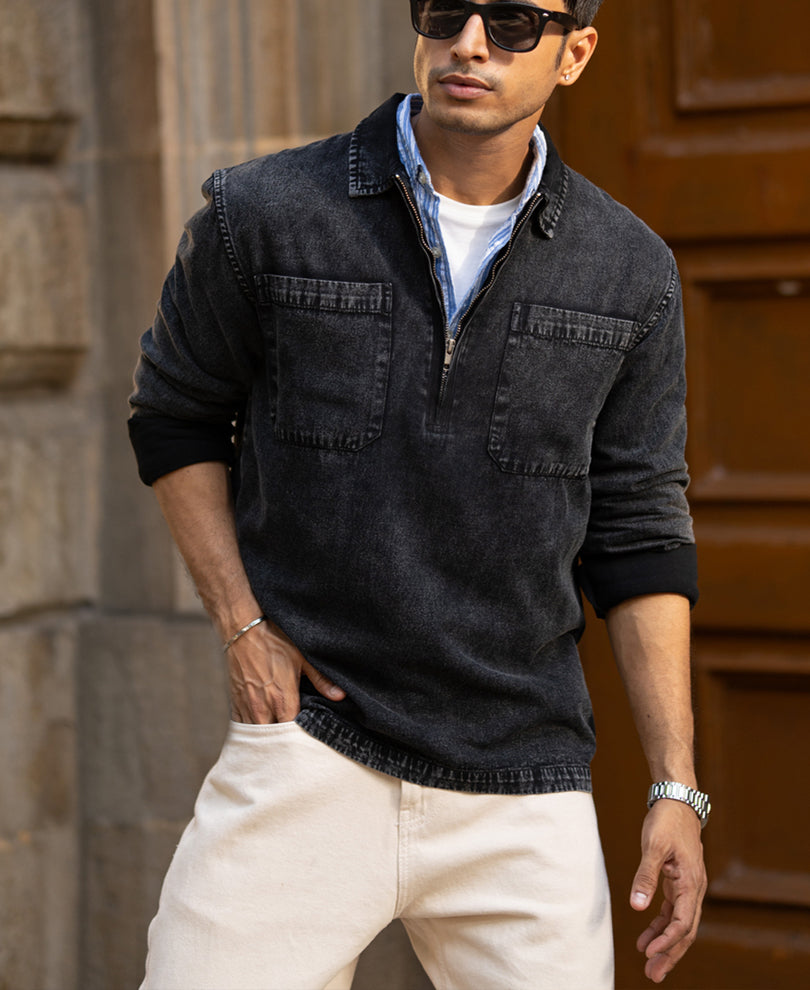 Black Washed Denim Polo Shirt.
