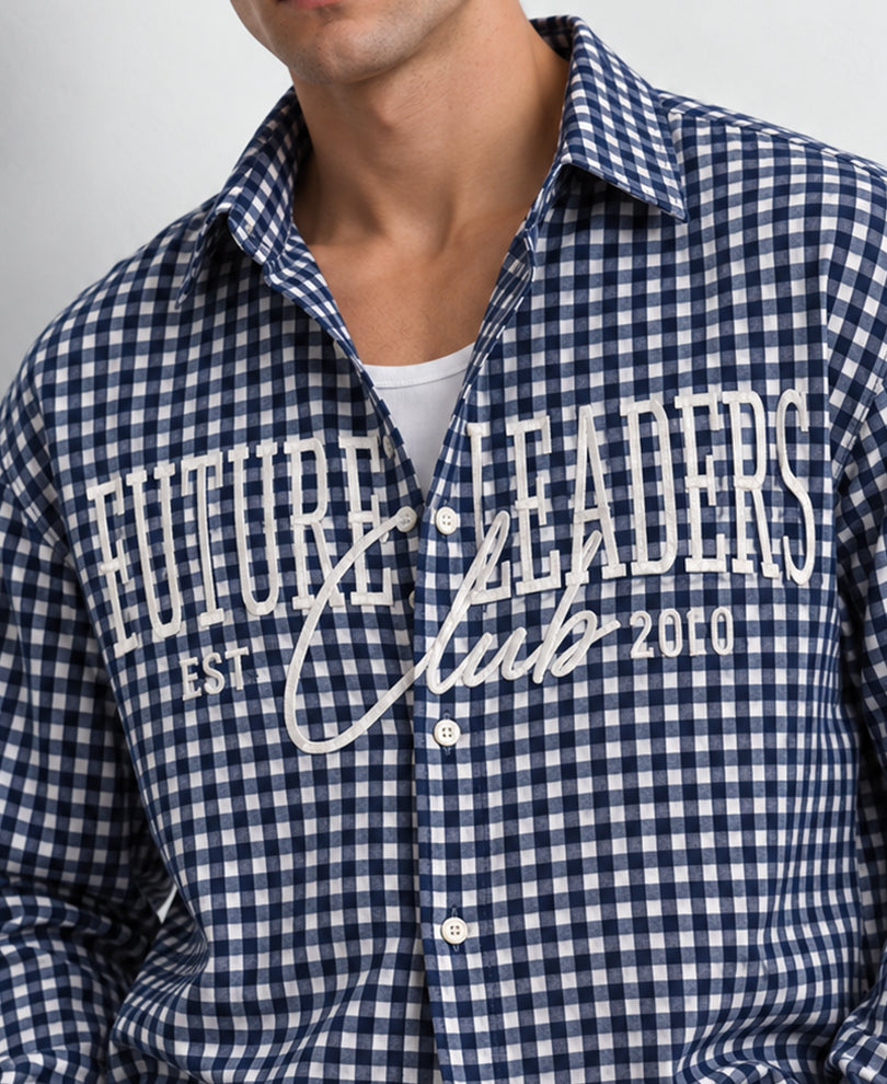 Blue Embroidered Micro Checks Shirt