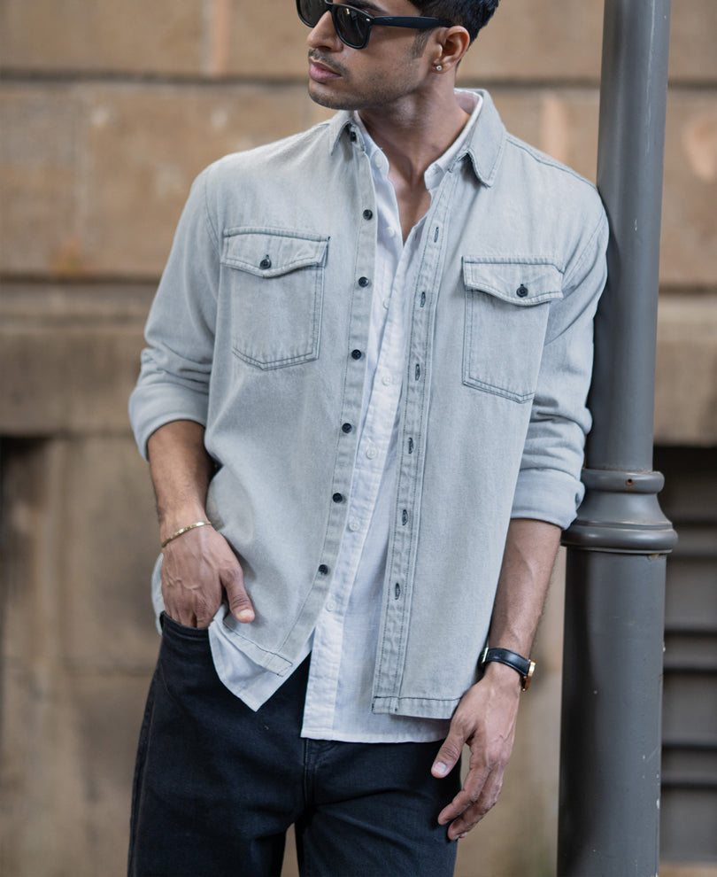 Grey Denim Shacket With Pockets.