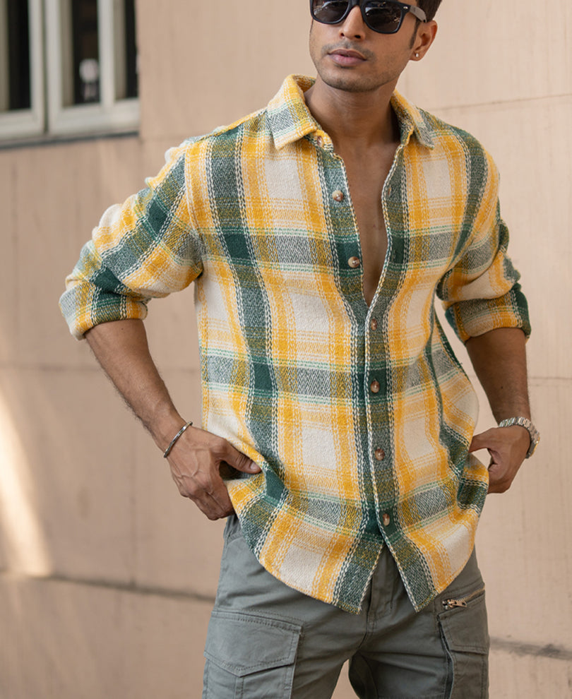 Yellow And Green Structured Checks Shirt.