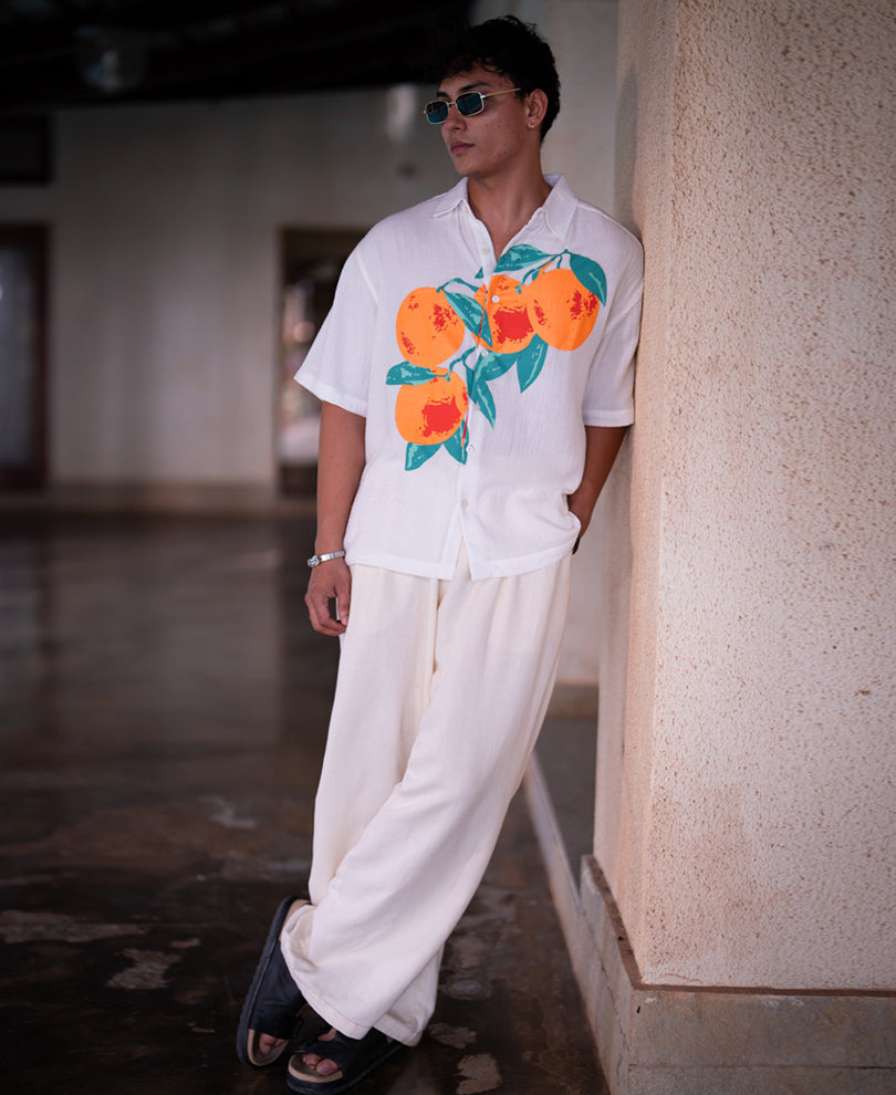 White Tangerine Print Shirt 100% Cotton