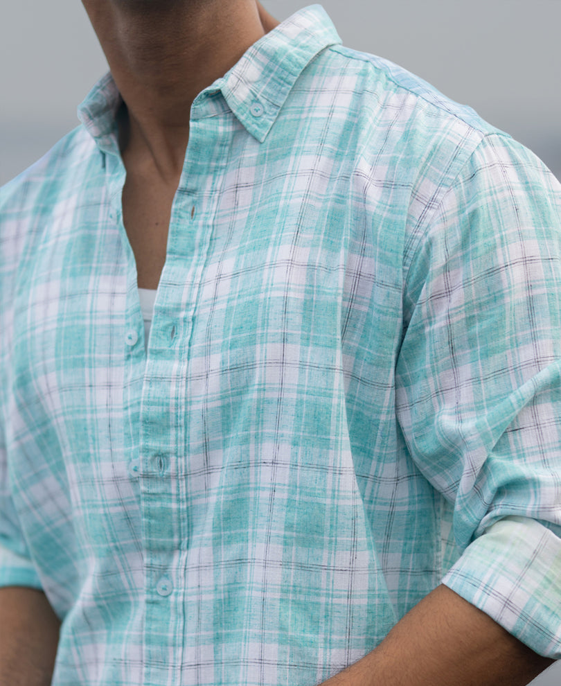 Aqua Blue Light Weight Ombre Checks Shirt.