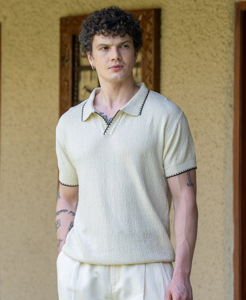 Cream Knit Polo T-Shirt