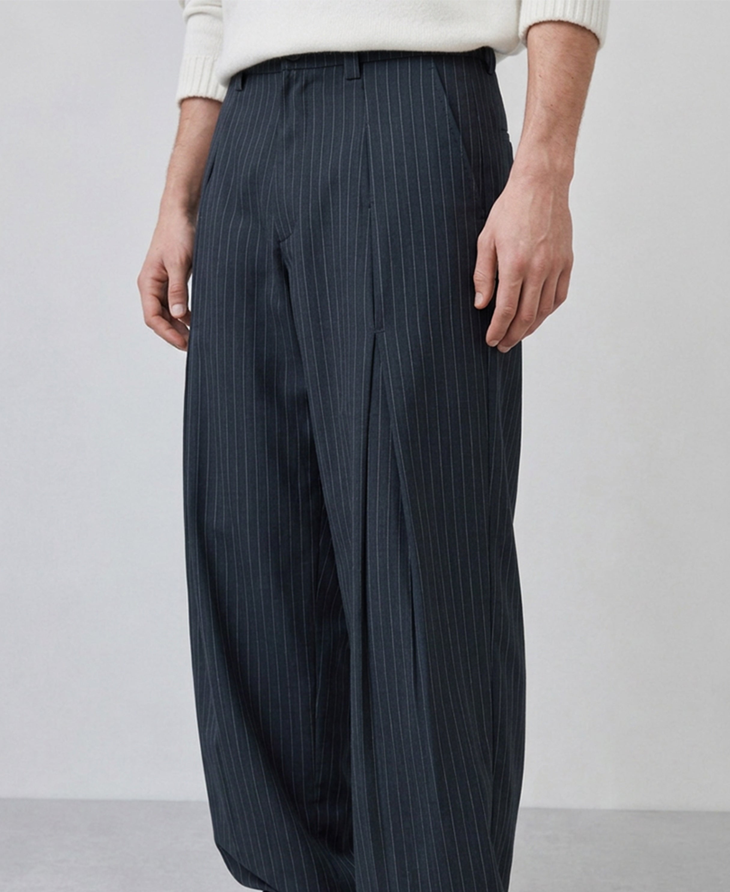 Grey Striped Pleated Korean Pants