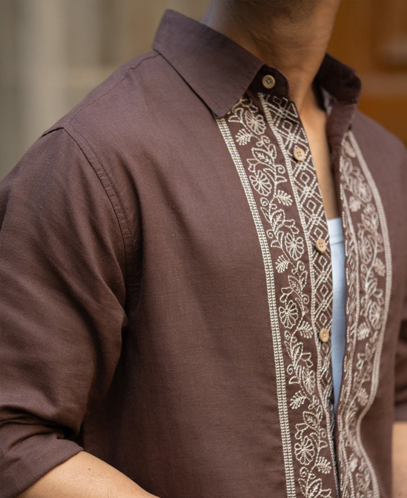 Dark Brown Linen Blend Embroidery Shirt.