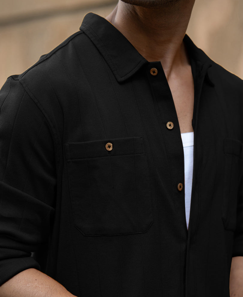 Black Double Pocket Knit Shirt.