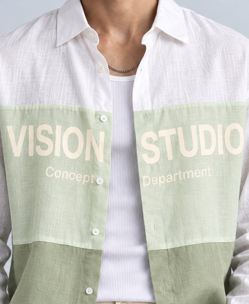 Green Colourblocked Printed Shirt