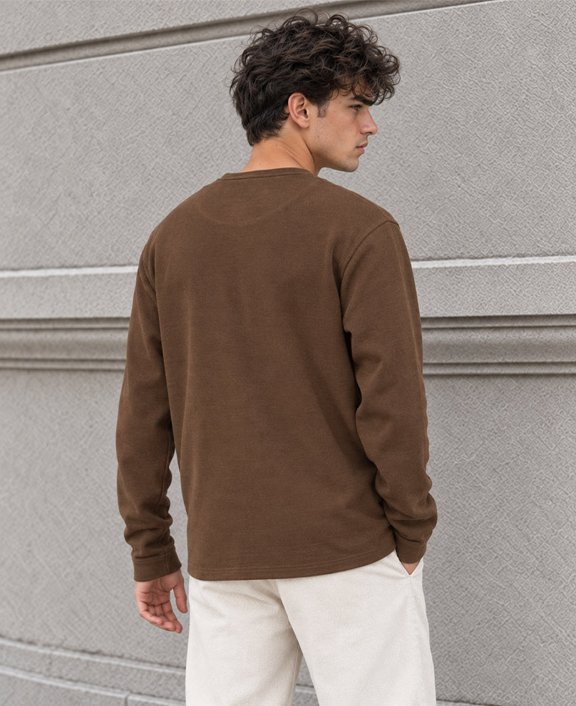 Brown Rib Knit Henley T-Shirt