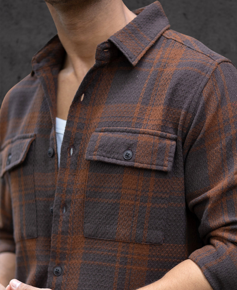 Dark Brown Structured Checks Shirt.