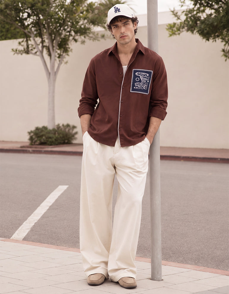 Brown Embroidered Patch Linen Shirt