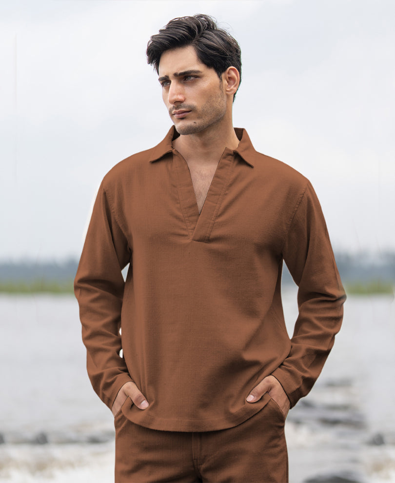 Brown Structured Cotton Kurta Shirt.