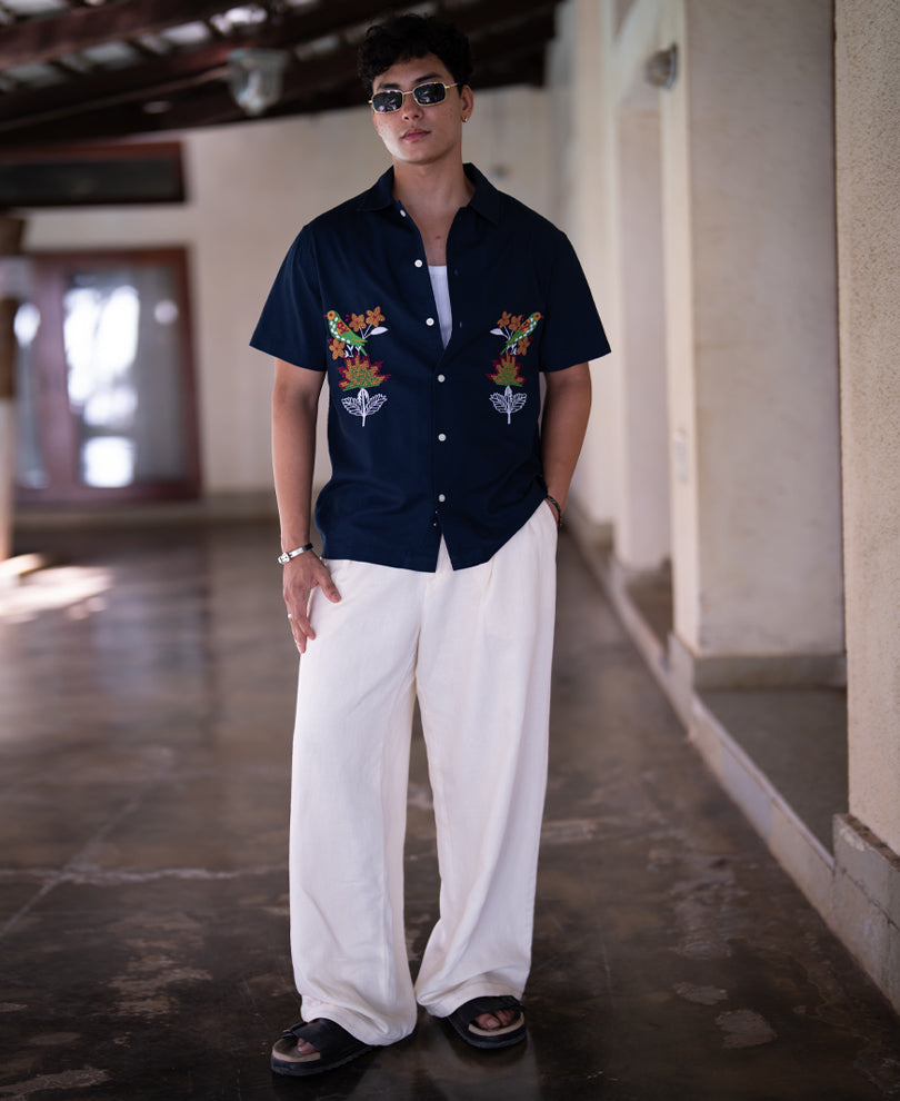 Navy Parrot Embroidery Shirt 100% Cotton