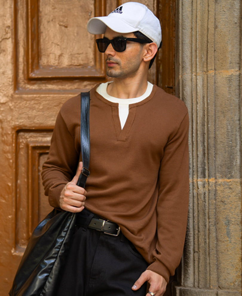 Brown Contract Double Neck T-Shirt 100% Cotton