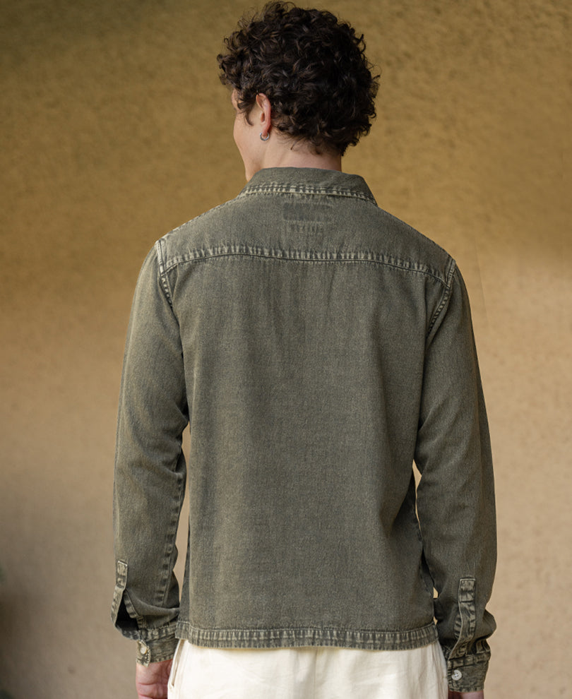 Dark Olive Washed Zipper Shirt