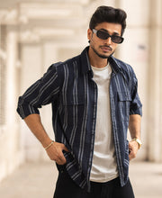 Navy Blue Striped Regular Fit Full Sleeves Shirt