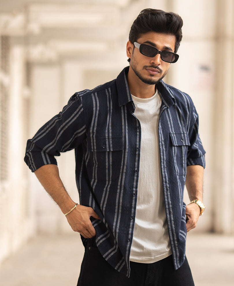 Navy Blue Striped Regular Fit Full Sleeves Shirt