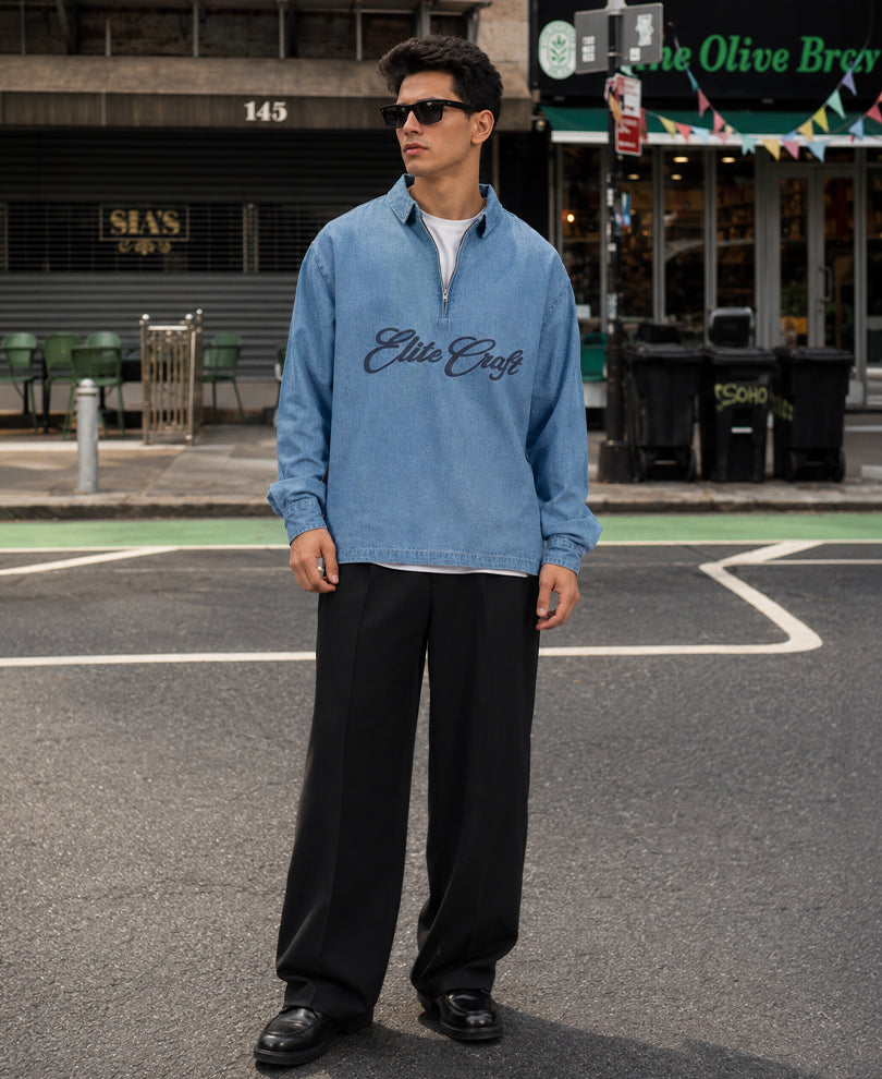 Blue Embroidered Denim Zipper Shirt