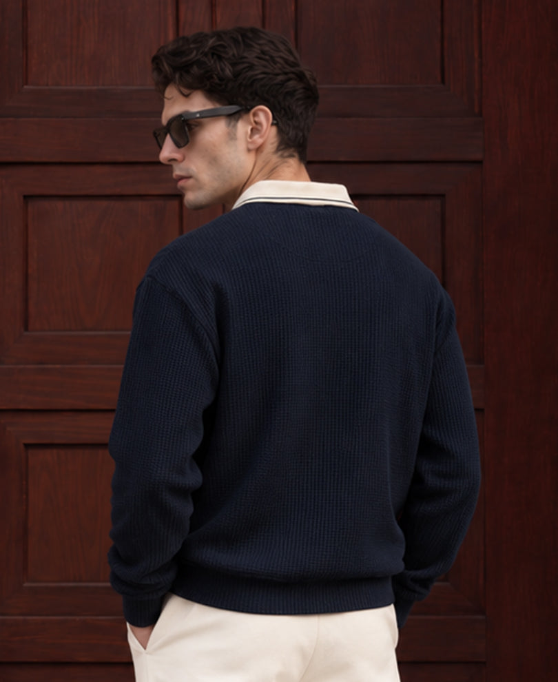 Navy Embroidered Structured T-Shirt