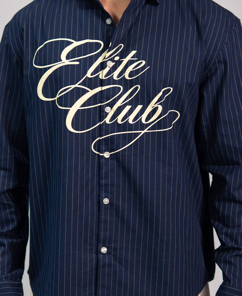 Navy Calligraphy Print Stripe Shirt