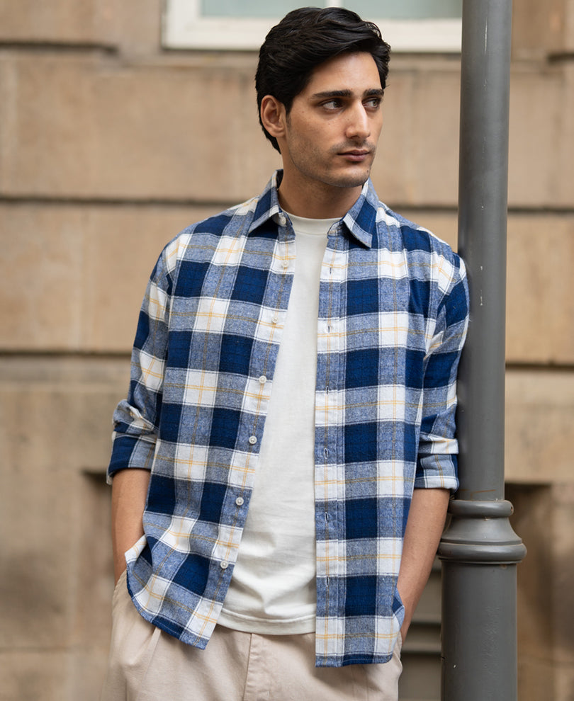 Blue Brushed Regular Fit Checks Shirt.