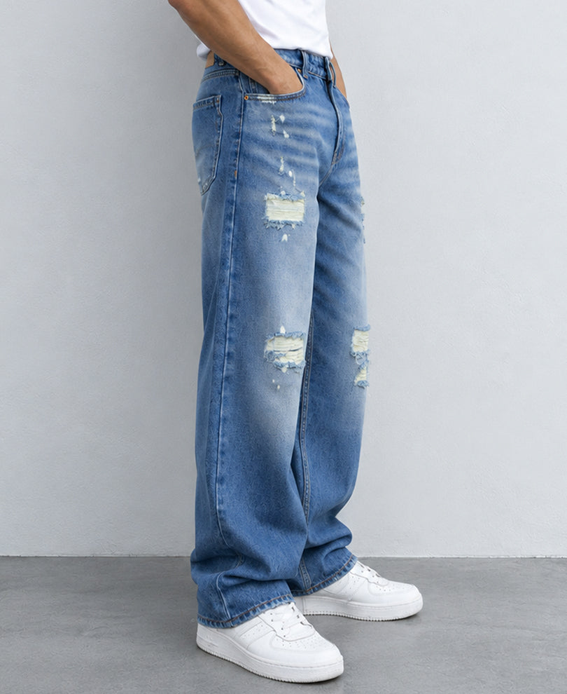Mid Blue Distressed Baggy Jeans