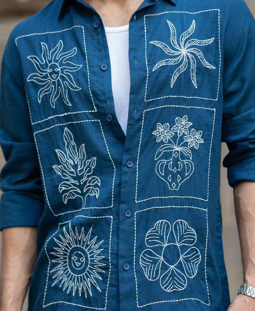 Blue Linen Blend Embroidery Shirt.
