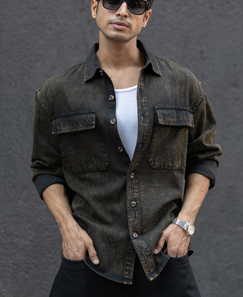Dark Brown Washed Denim Overshirt.