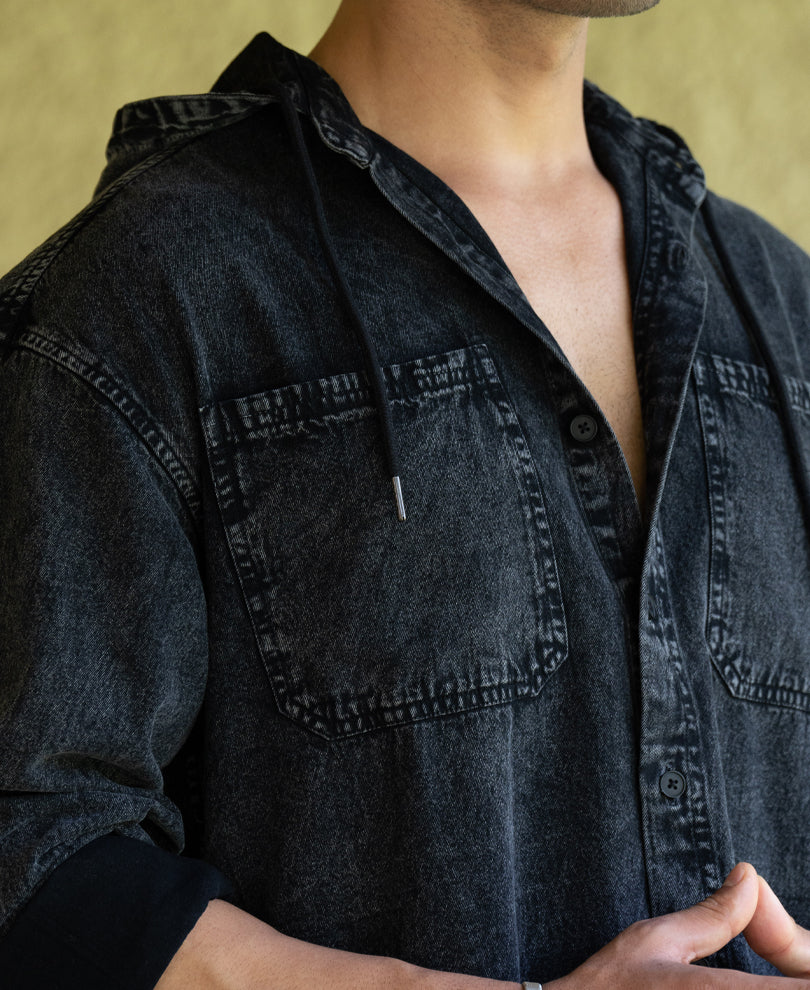 Black Denim Hooded Shirt