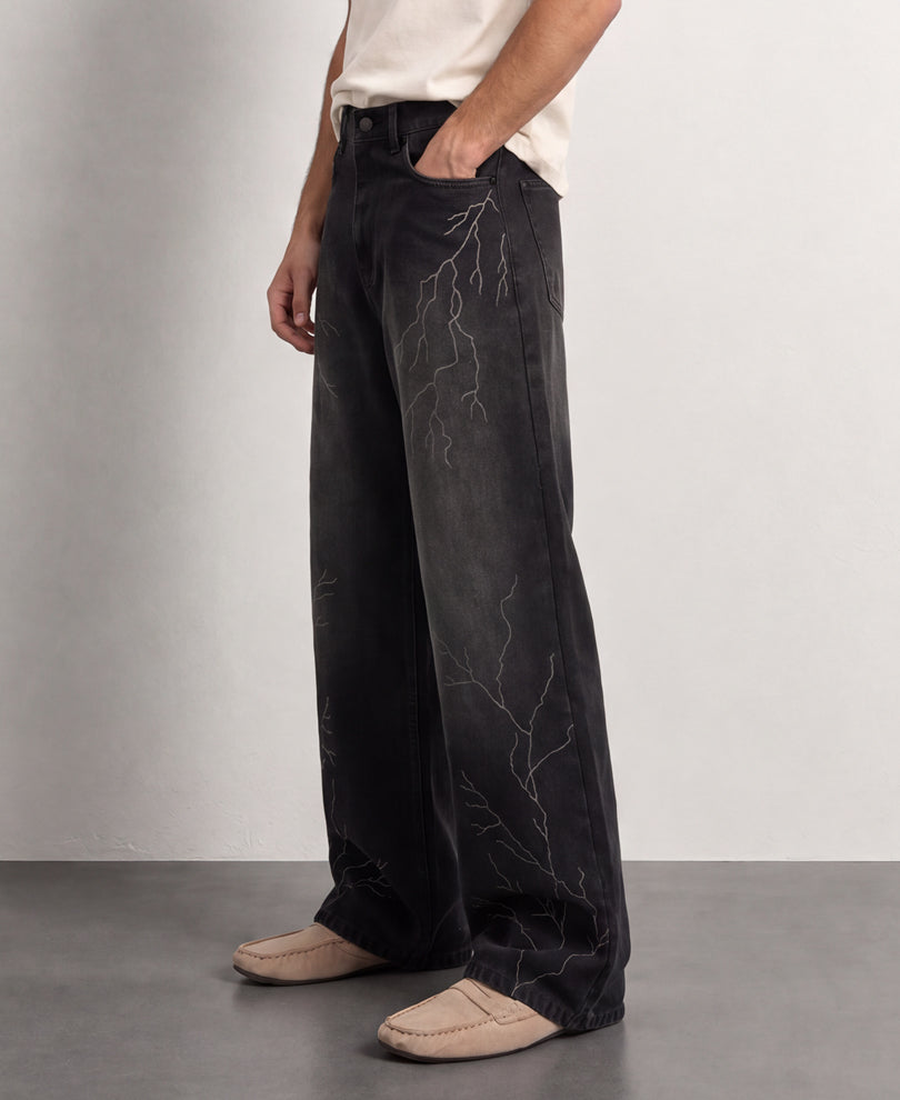 Black Thunder Print Baggy Jeans