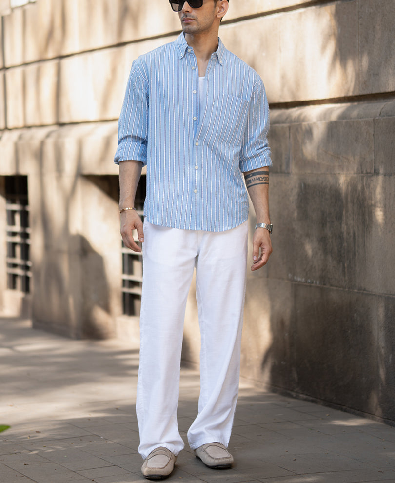 Blue Seersucker Stripe Shirt.