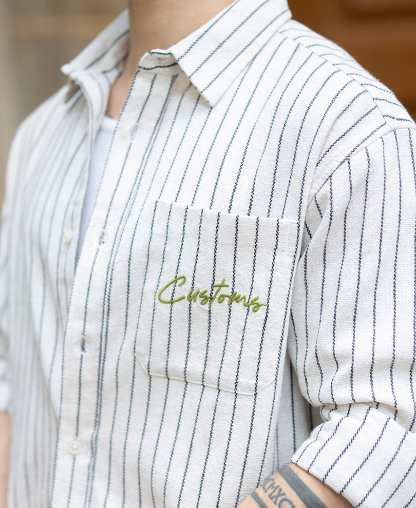 Beige Embroidered Stripe Shirt.