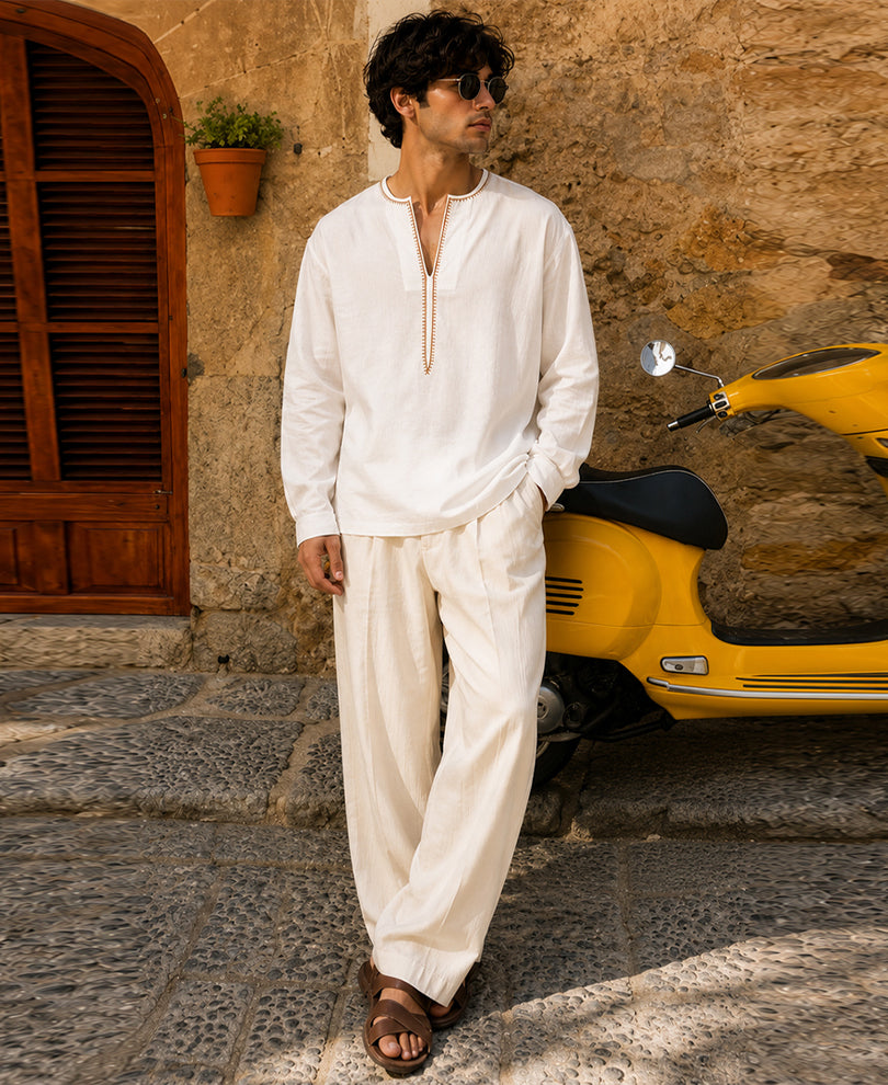 White Embroidered Linen Blend Kurta Shirt
