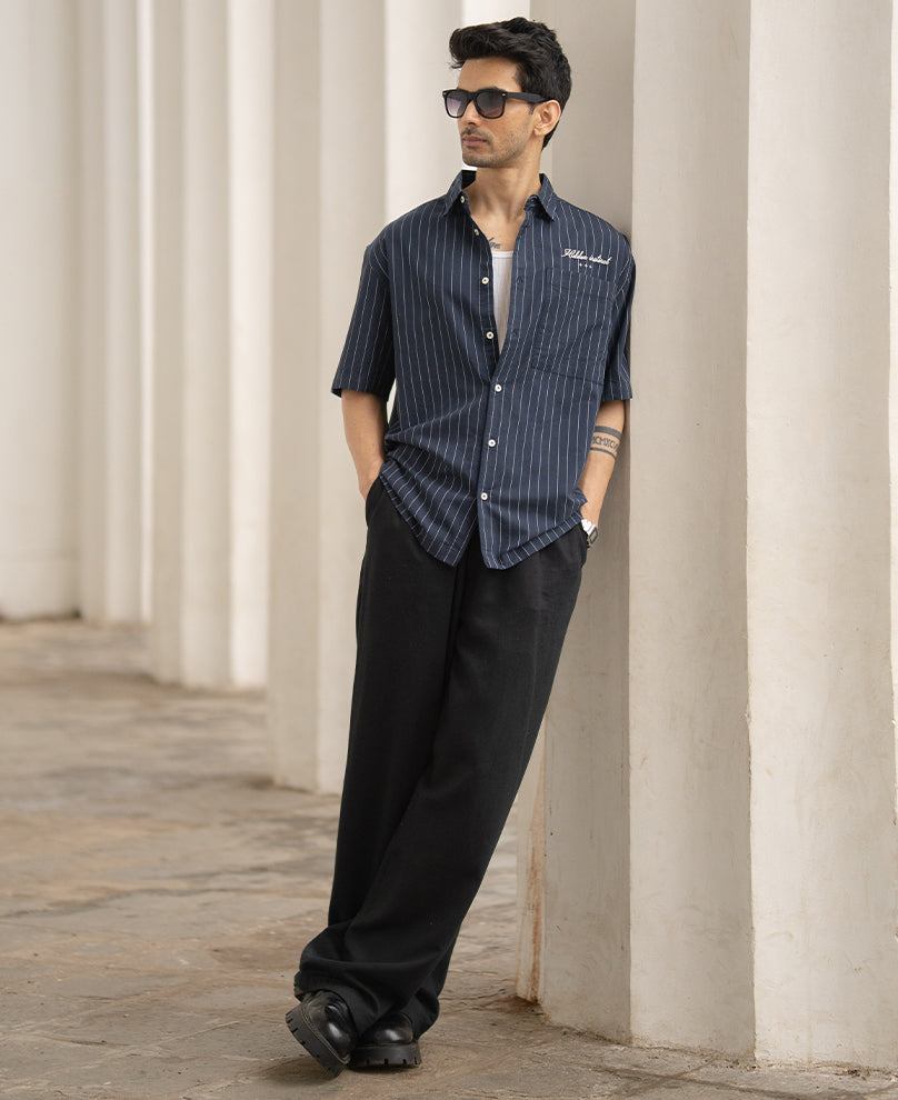 Navy Oxford Stripe Shirt 100% Cotton
