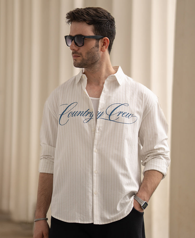 White Calligraphy Print Stripe Shirt 100% Cotton