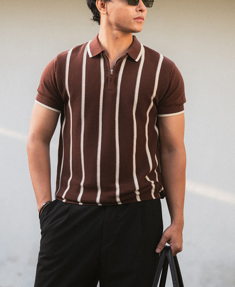 Brown Striped Knit T-Shirt