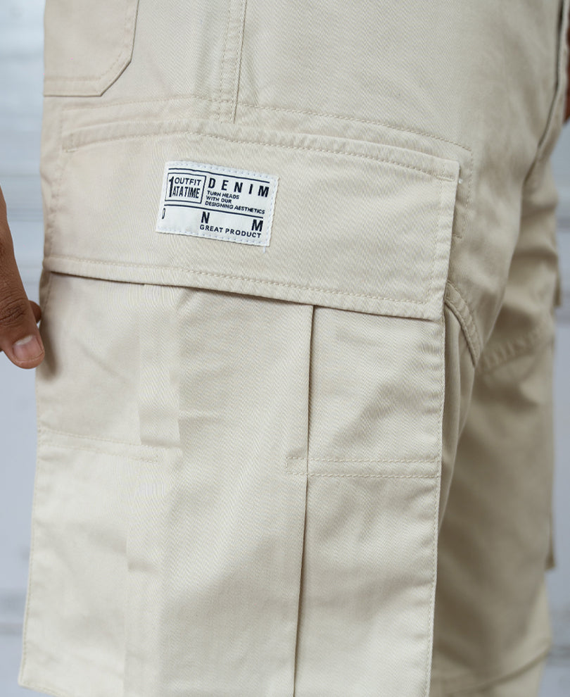 Beige Overdyed Cotton Cargo Pants.