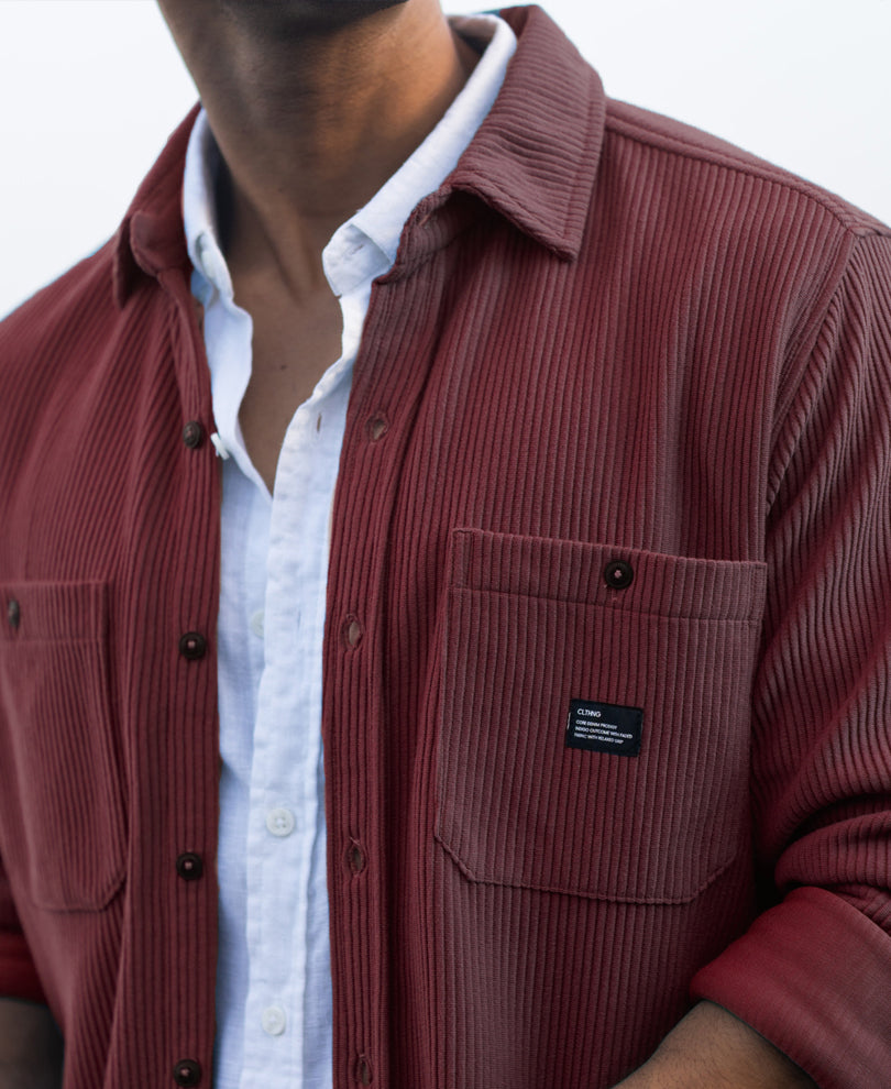 Wine Structured Knit Shirt With Pockets.