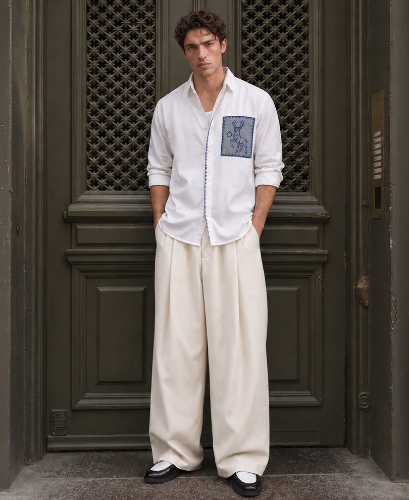 White Embroidered Patch Linen Shirt