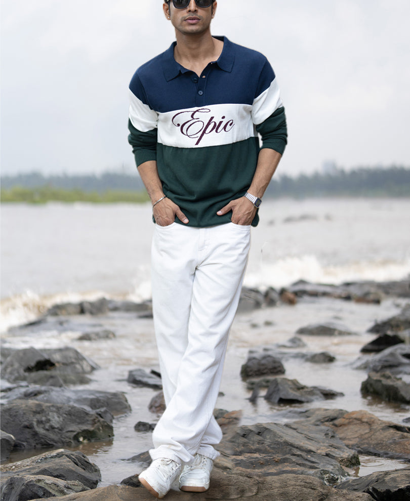 Navy And Green Panelled Polo T-Shirt.