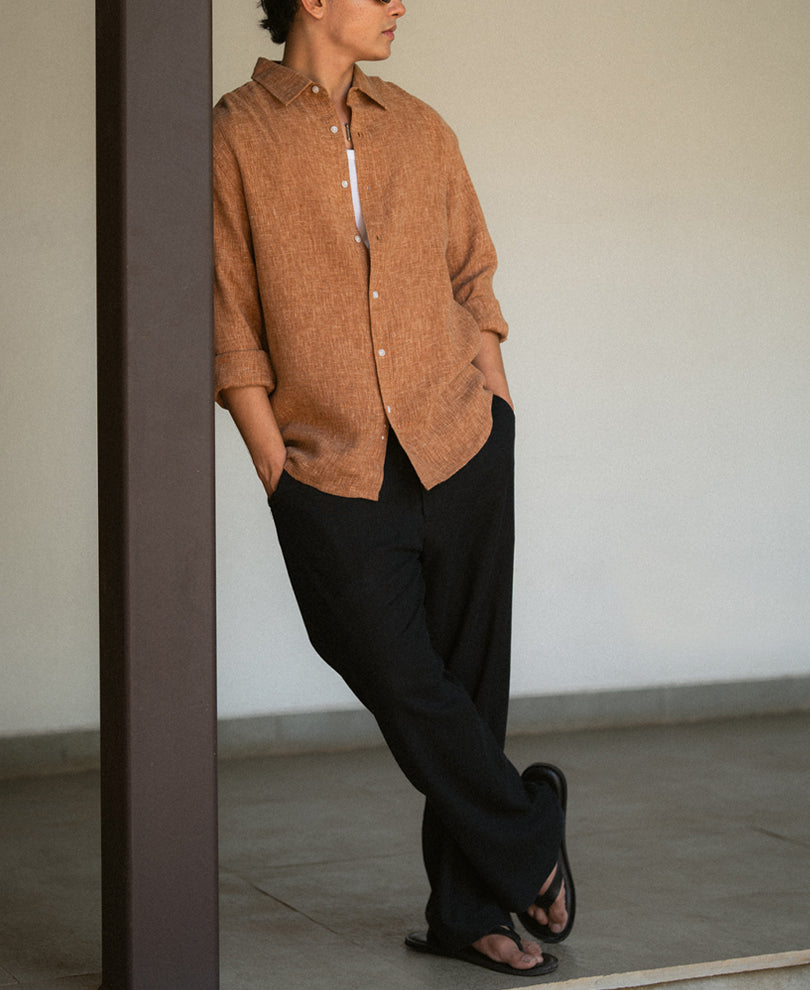 Brick Structured Linen Blend Shirt.
