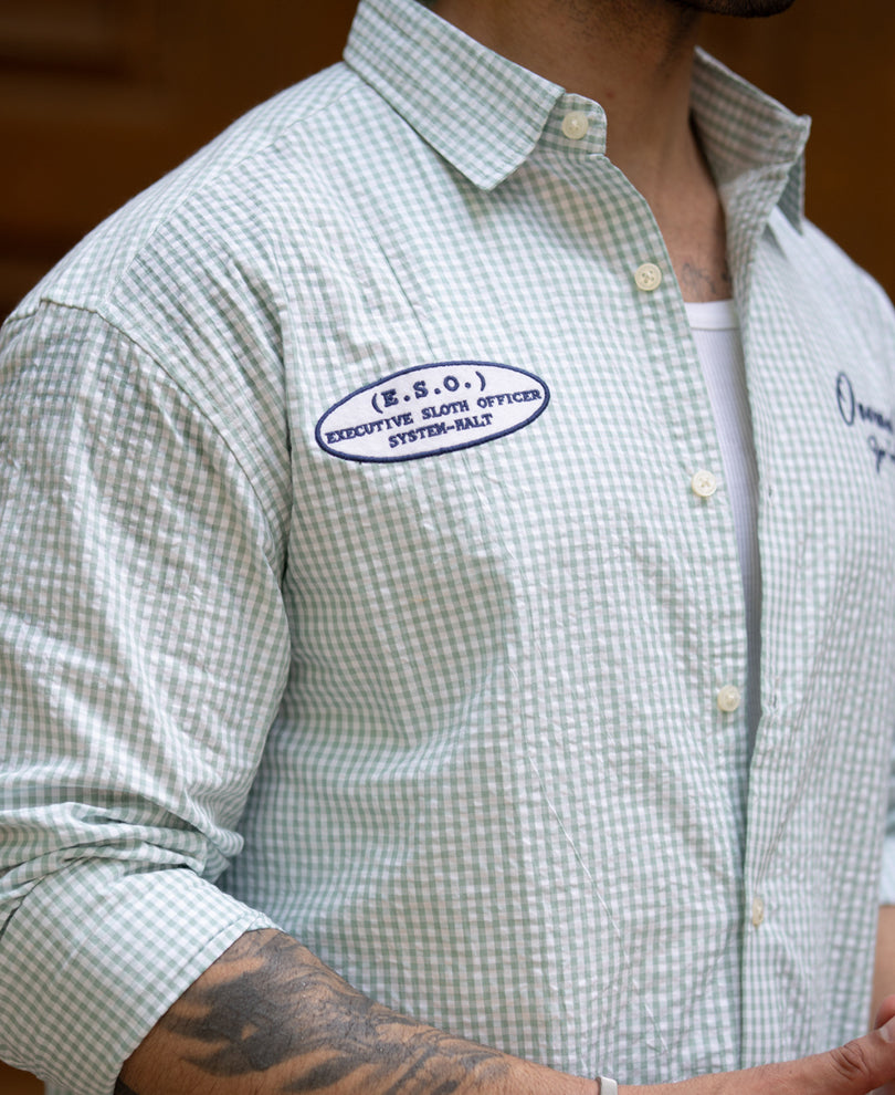 Green Embroidered Seersucker Check Shirt 100% Cotton