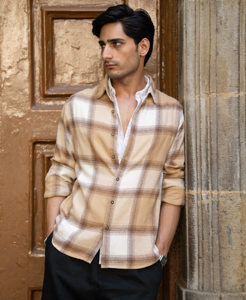 Beige Checks Shirt 100% Cotton