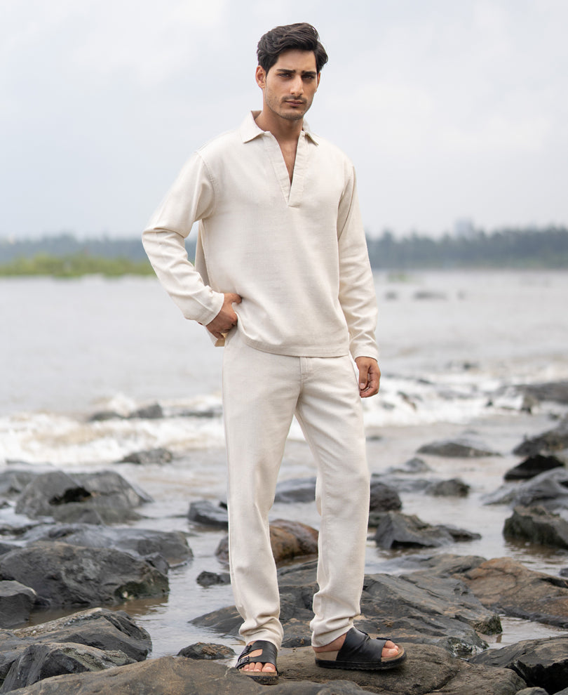 Cream Structured Cotton Kurta Shirt.
