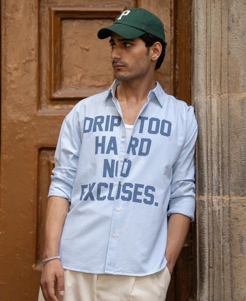 Blue Printed Oxford Stripe Shirt 100% Cotton