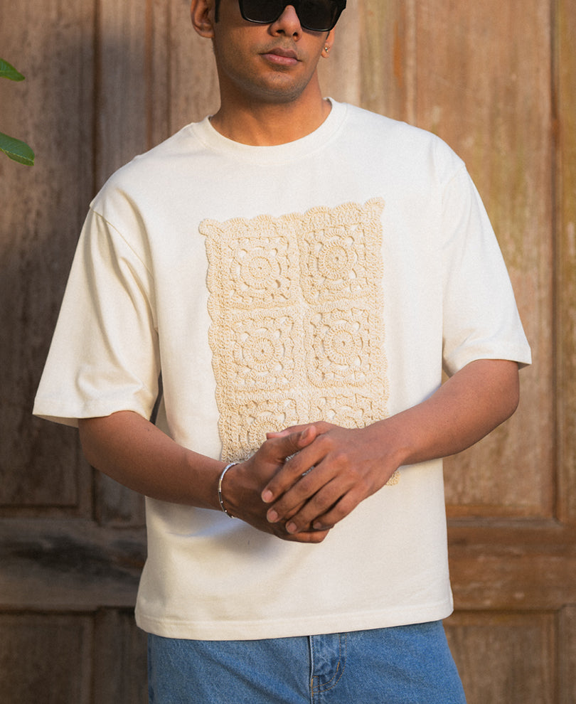 Off White Crochet Patch T-Shirt 100% Cotton
