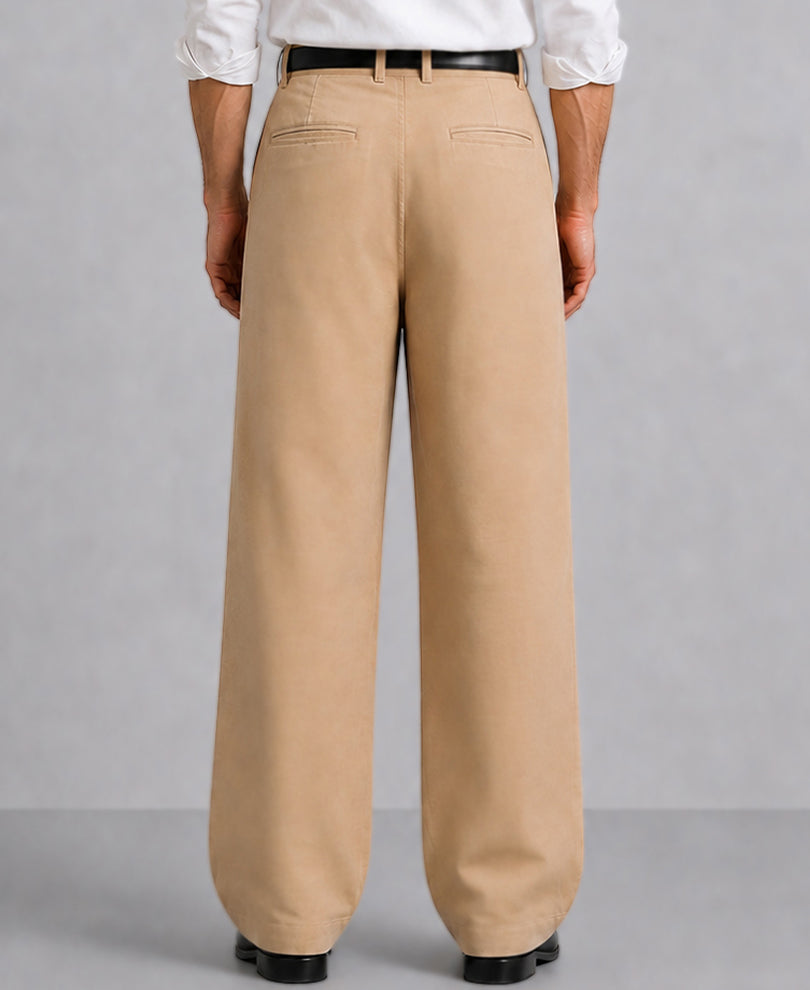 Beige Pleated Cotton Baggy Trousers