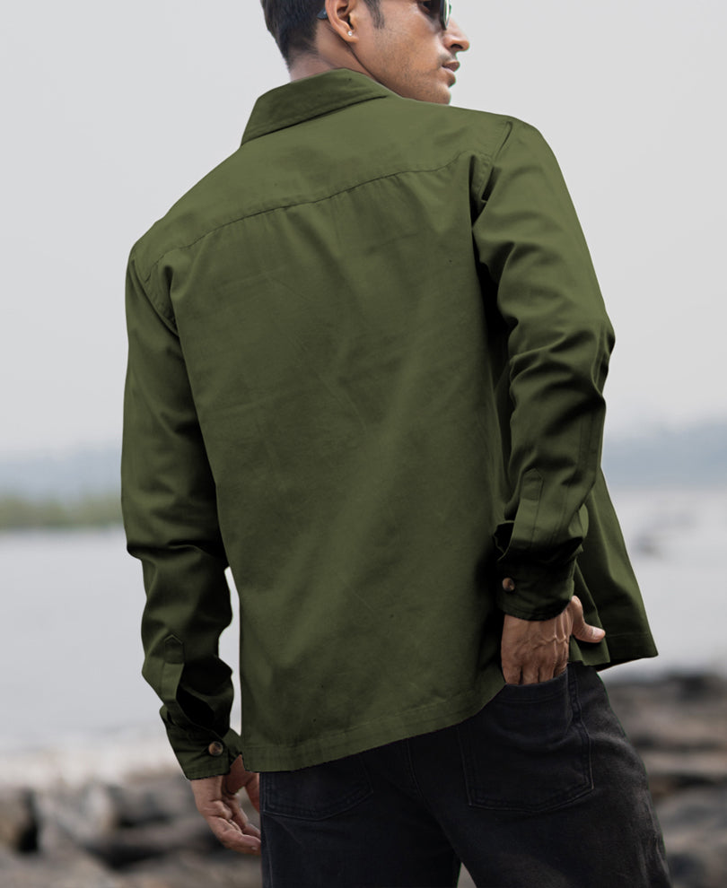 Olive Structured Zipper Overshirt.