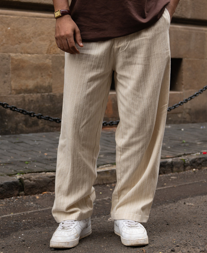 Cream Self Stripe Linen Trouser.